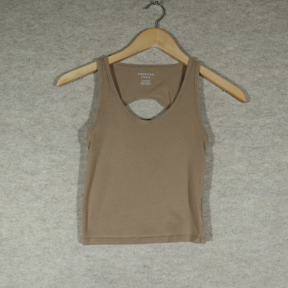 American‎ Eagle Tank Top XS Tan Modern Keyhole Cutout Ribbed Crop Top